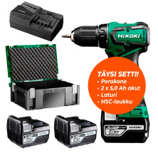 HiKOKI DS18DD akkuporakone 18V 2x5,0Ah + laturi – kompakti tarjoussetti